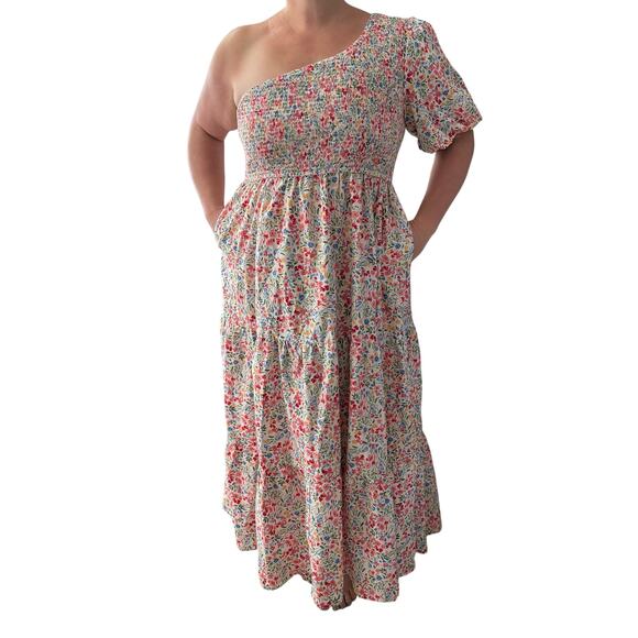 Arula Abriella Ditzy Floral Smocked 1 Shoulder Puff Sleeve Dress Pockets Size 3X - Picture 2 of 11